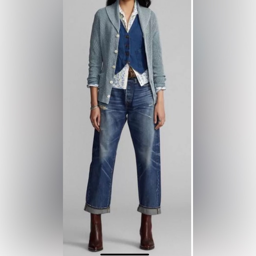 RAPLH LAUREN RRL Belted Indigo Cotton-Linen Cardigan Sz 1/XS - Picture 2 of 4